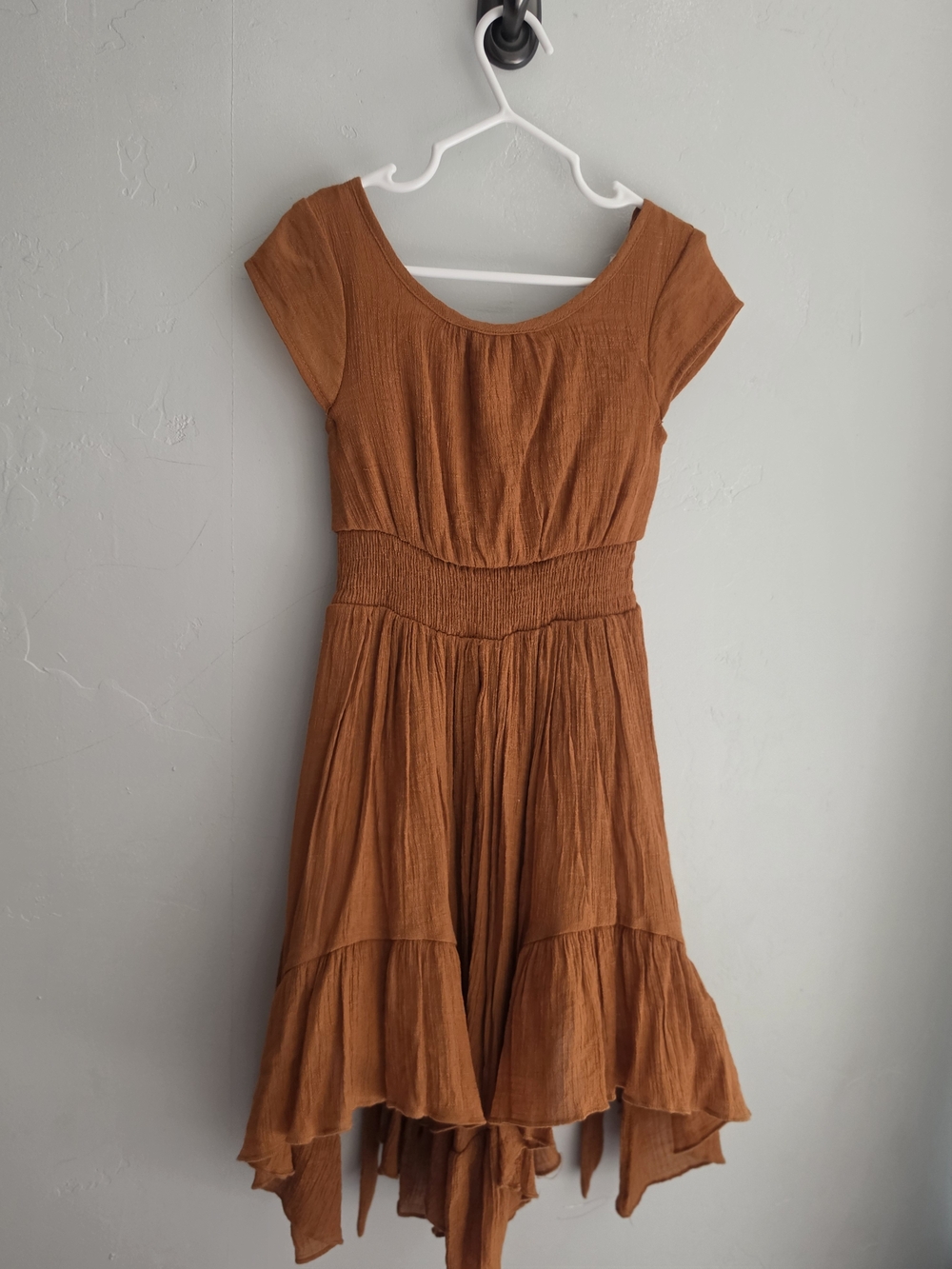 Joyfolie Rust Brown Asymmetrical Hem Smocked Waist Dress